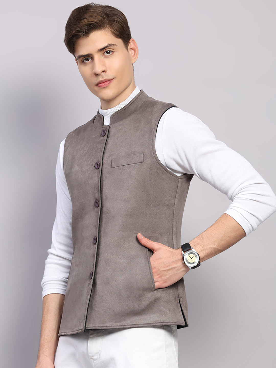 Men Black Check Collar Sleeveless Nehru Jacket