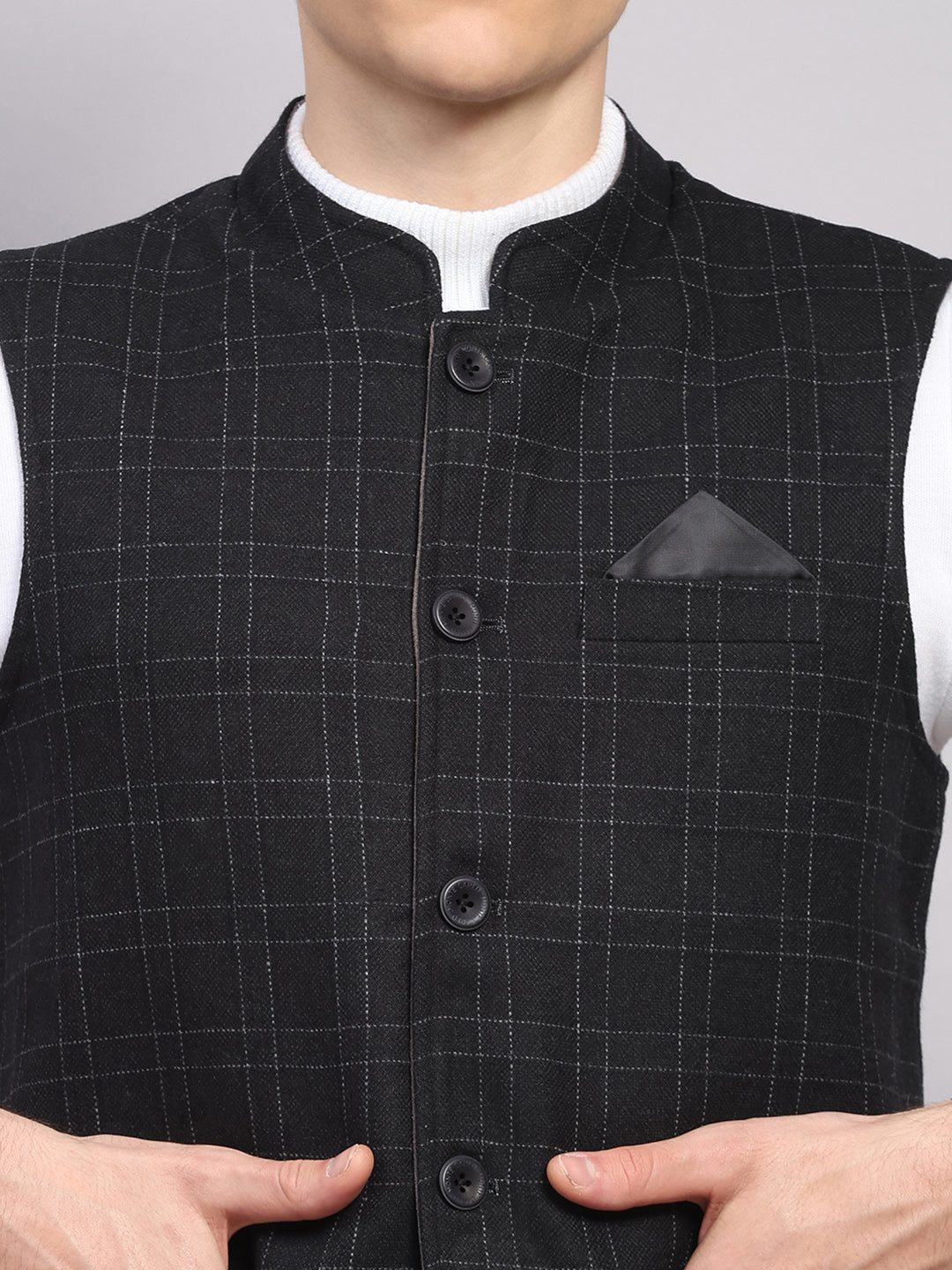 Men Black Check Collar Sleeveless Nehru Jacket