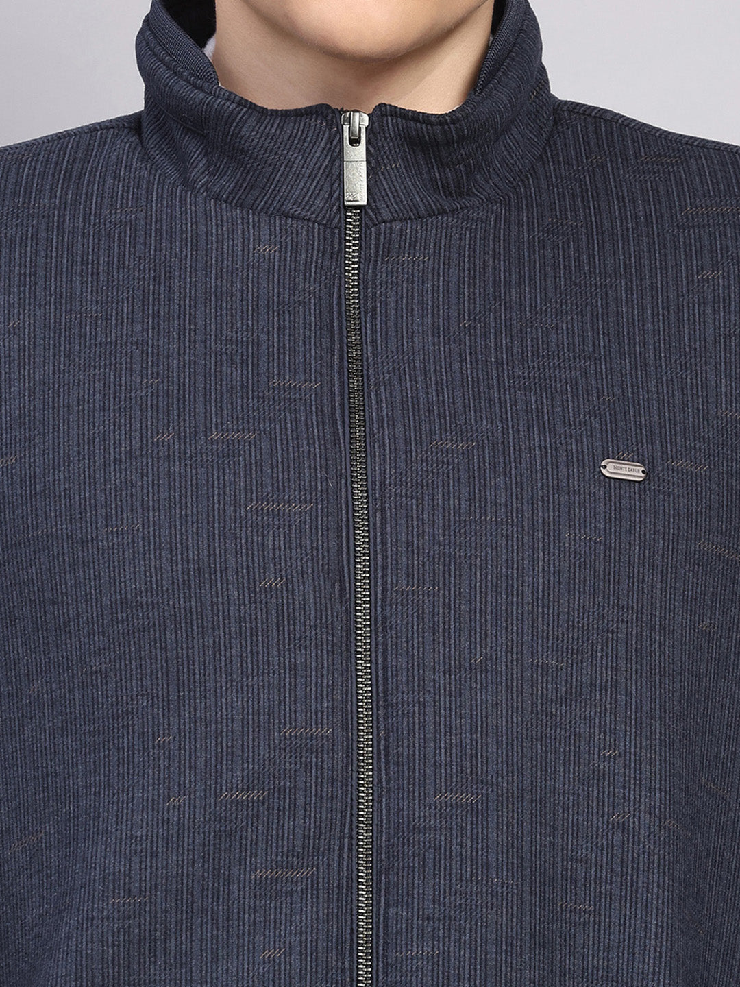 Men Blue Printed Mock Neck Full Sleeve Jacket