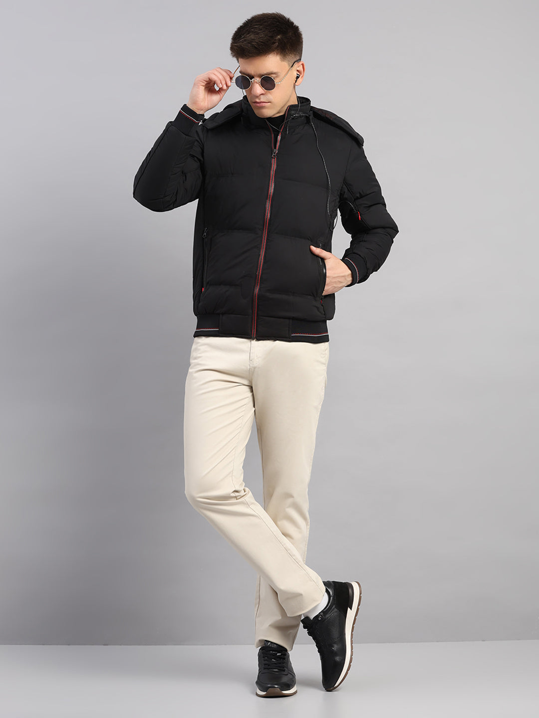 Men Black Smart Hooded Jacket with Integrated Magnetic Earphones