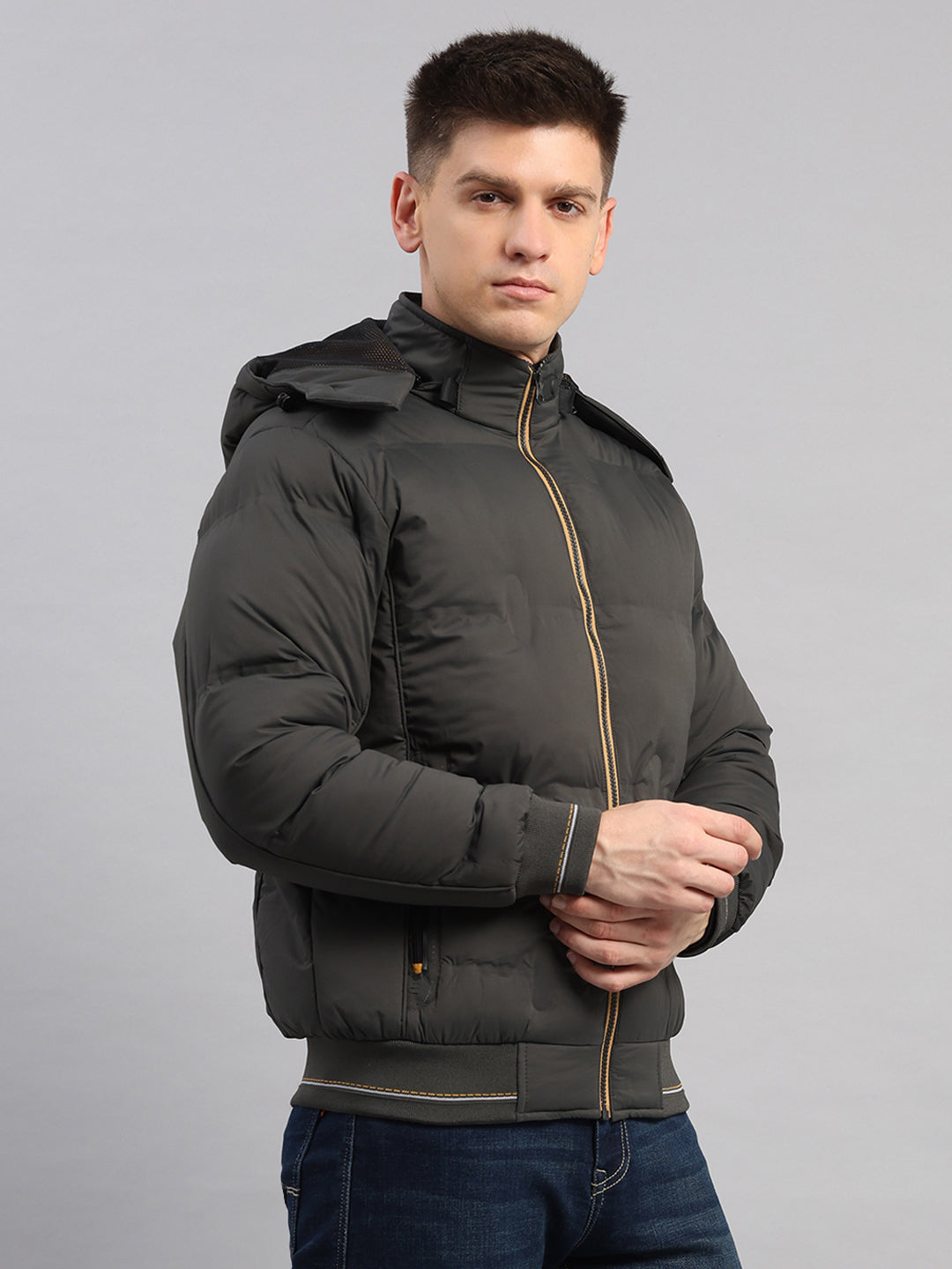 Men Olive Smart Hooded Jacket with Integrated Magnetic Earphones