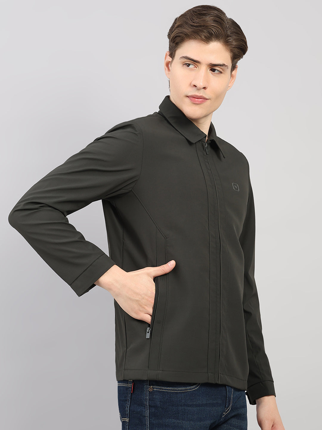 Men Dark Green Solid Stand Collar Full Sleeve Jacket