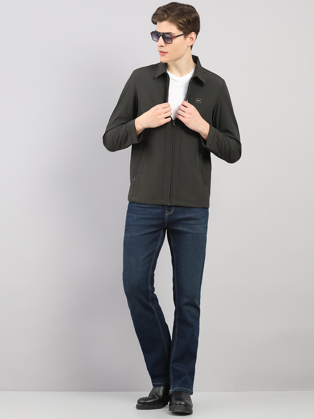 Men Dark Green Solid Stand Collar Full Sleeve Jacket