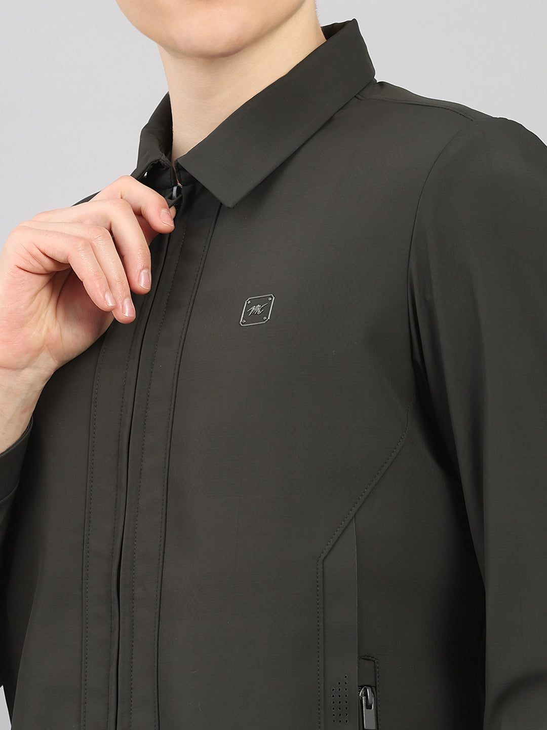 Men Dark Green Solid Stand Collar Full Sleeve Jacket