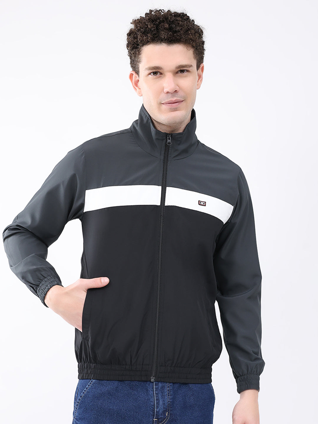 Men Grey Printed Collar Full Sleeve Jacket