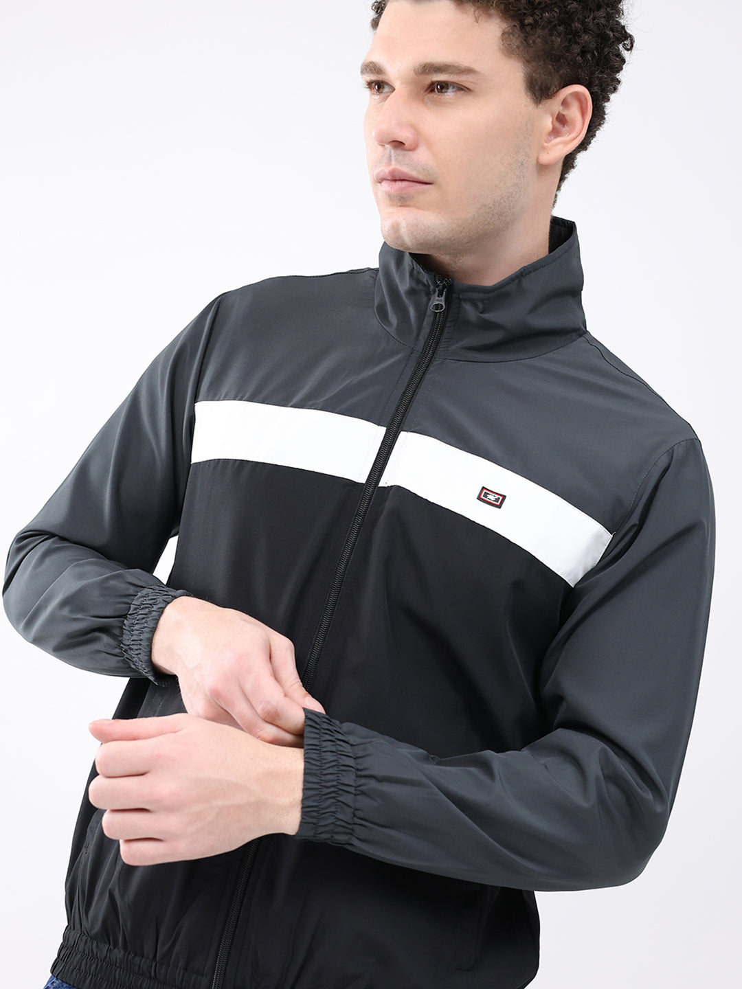 Men Grey Printed Collar Full Sleeve Jacket