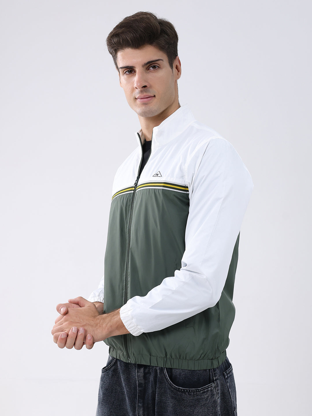 Men Dark Green Self Design Stand Collar Full Sleeve Jacket