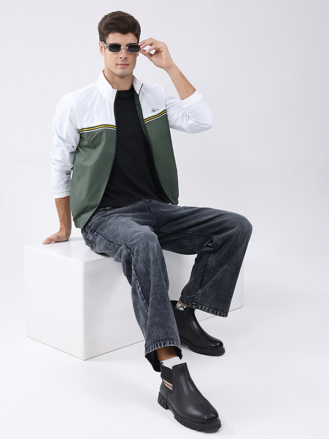 Men Dark Green Self Design Stand Collar Full Sleeve Jacket