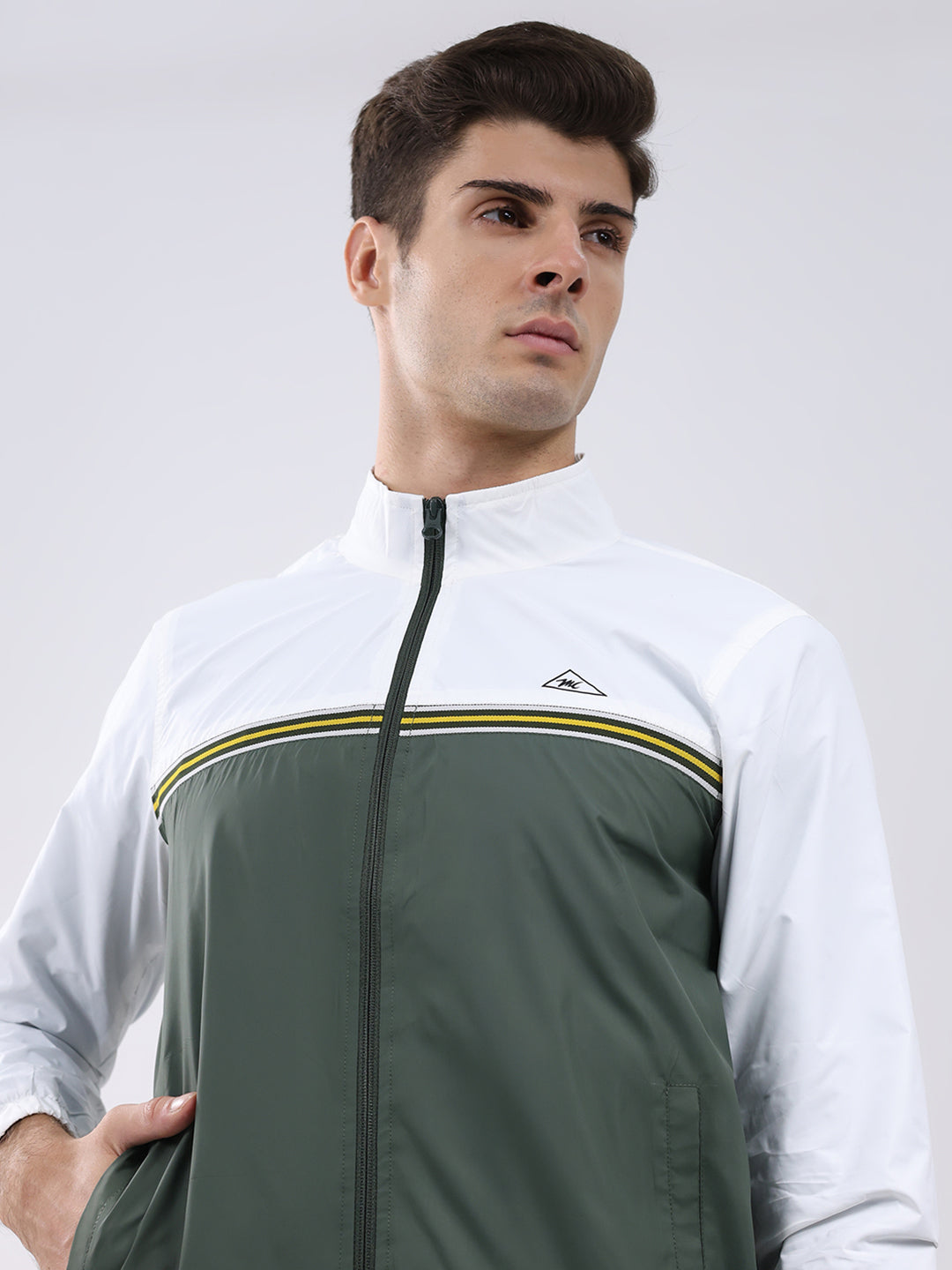 Men Dark Green Self Design Stand Collar Full Sleeve Jacket