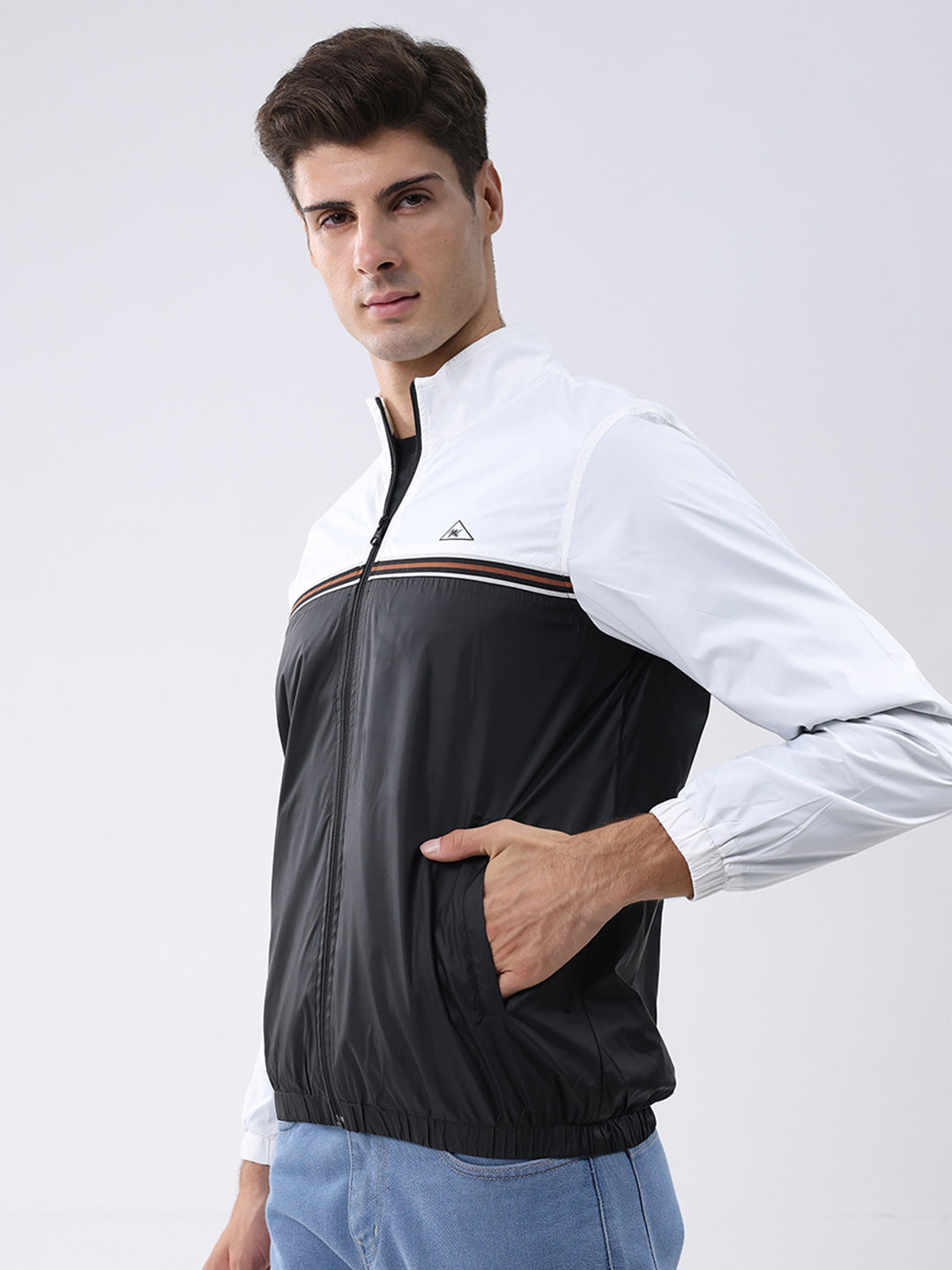 Men Black Self Design Stand Collar Full Sleeve Jacket