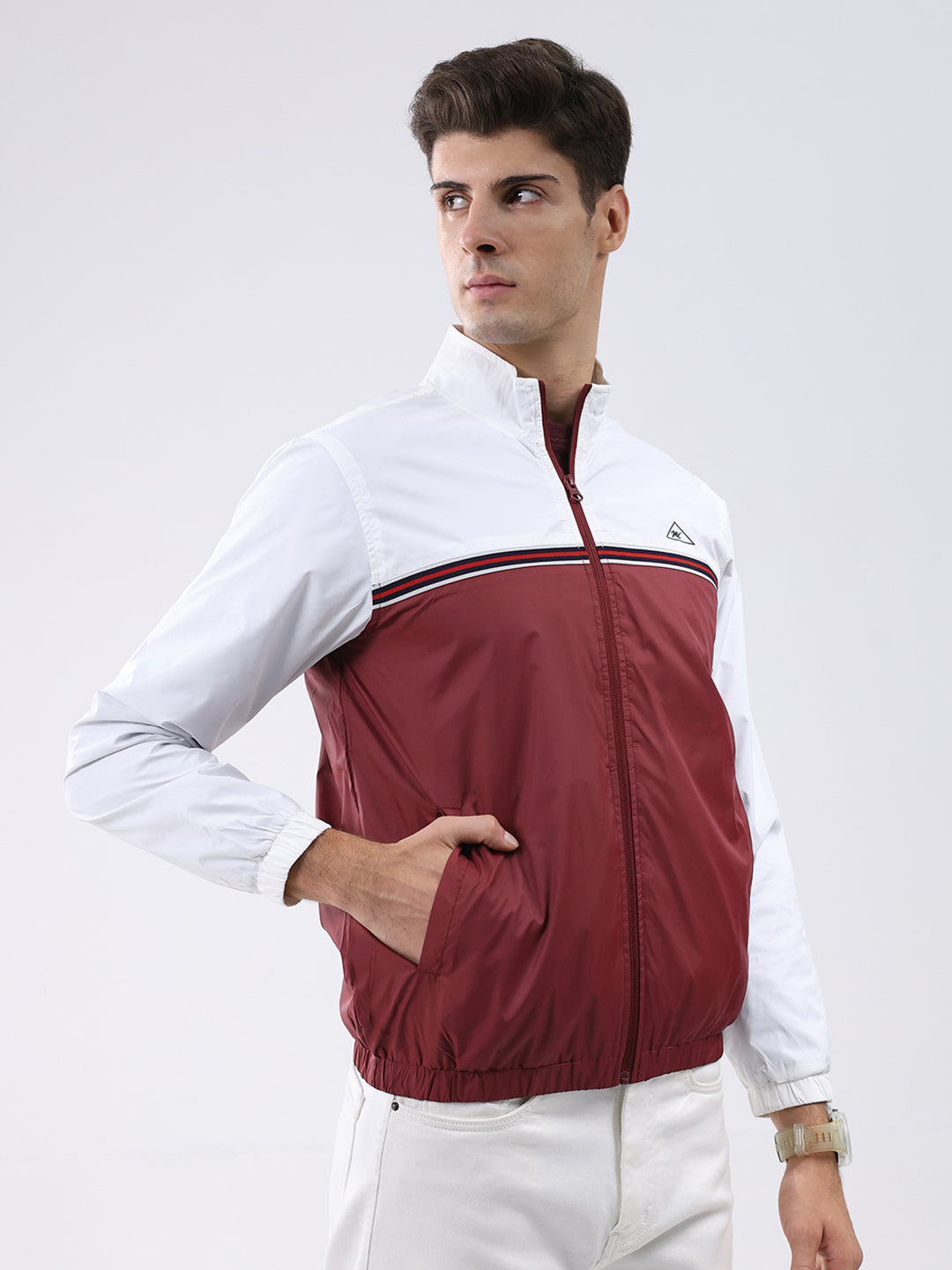 Men Maroon Self Design Stand Collar Full Sleeve Jacket
