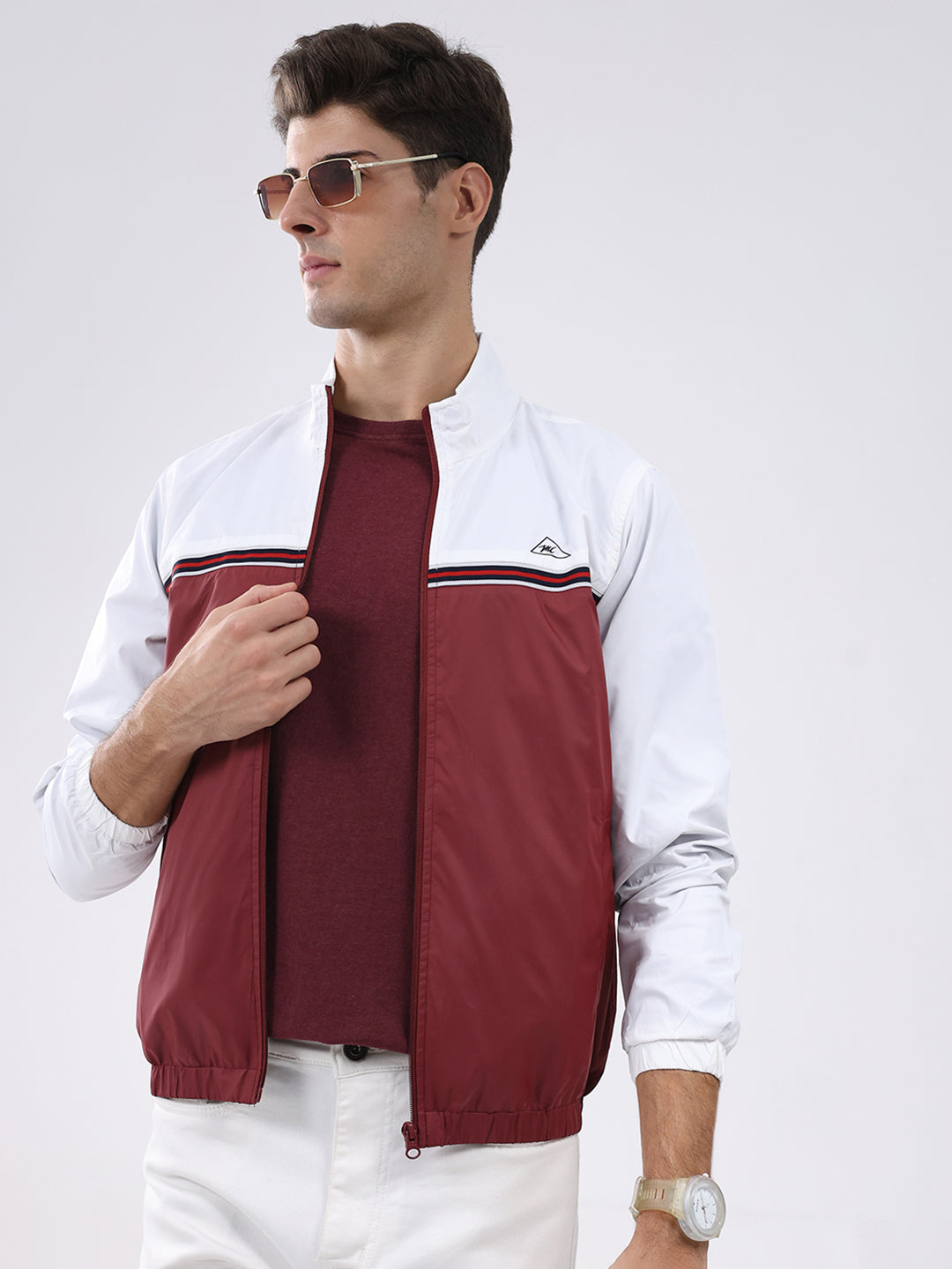 Men Maroon Self Design Stand Collar Full Sleeve Jacket