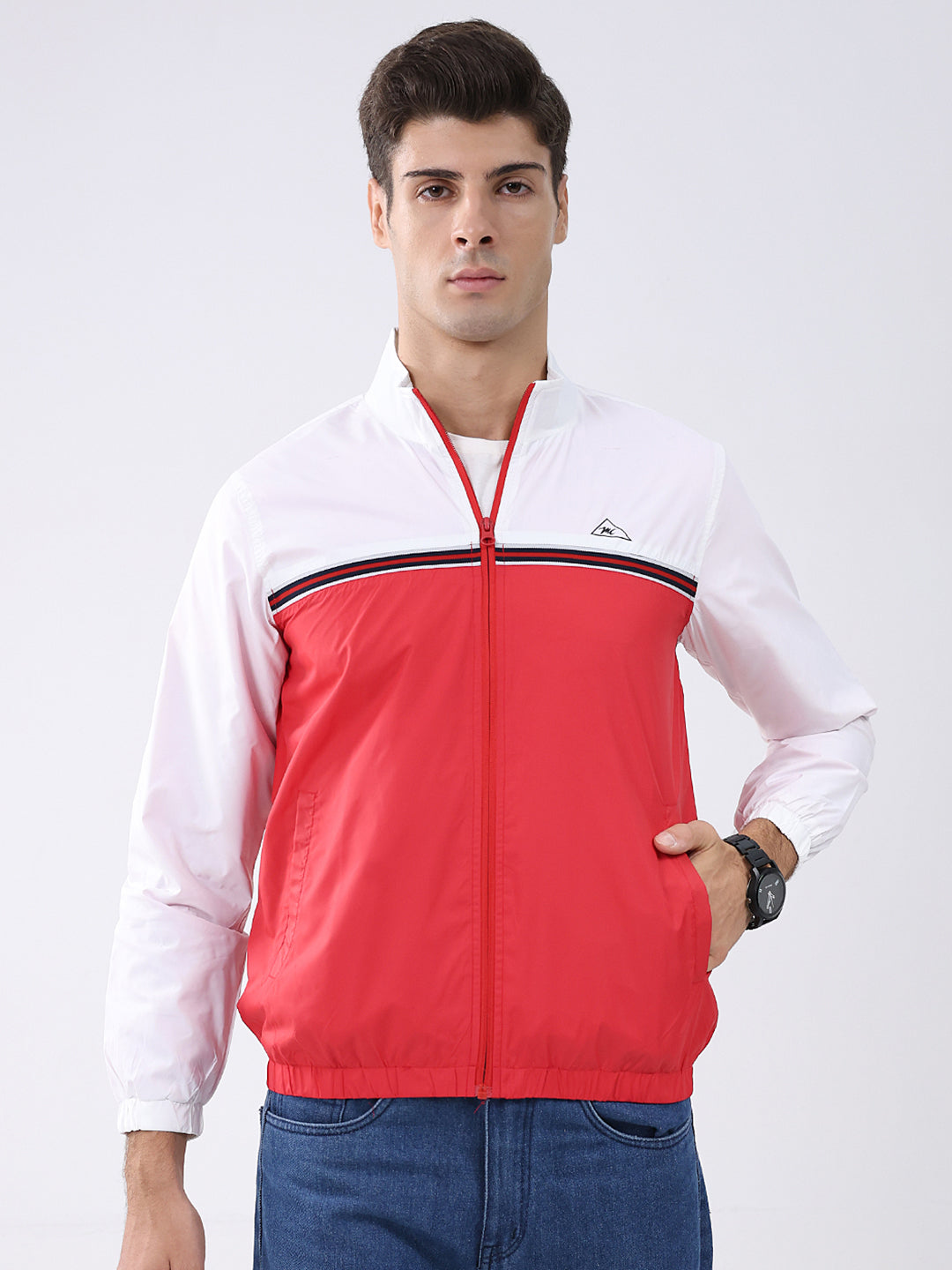Men Red Self Design Stand Collar Full Sleeve Jacket