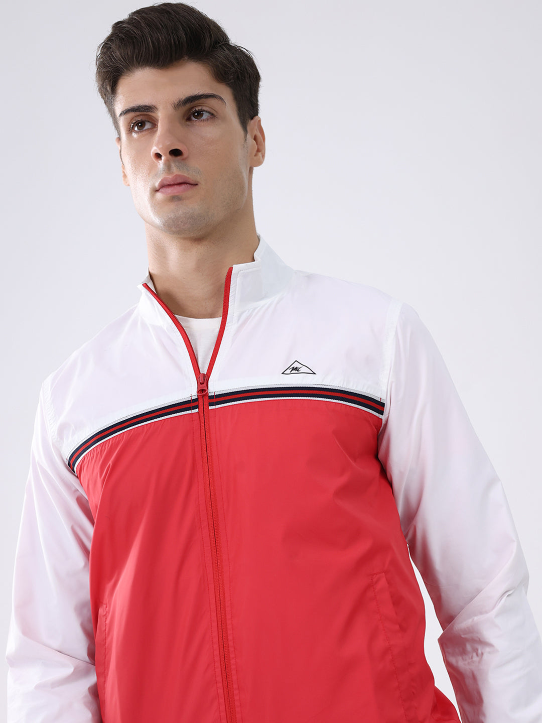 Men Red Self Design Stand Collar Full Sleeve Jacket