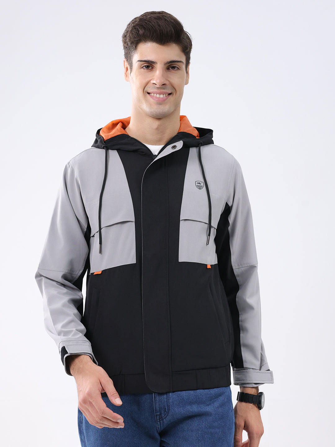 Men Black Colourblocked Hooded Full Sleeve Jacket