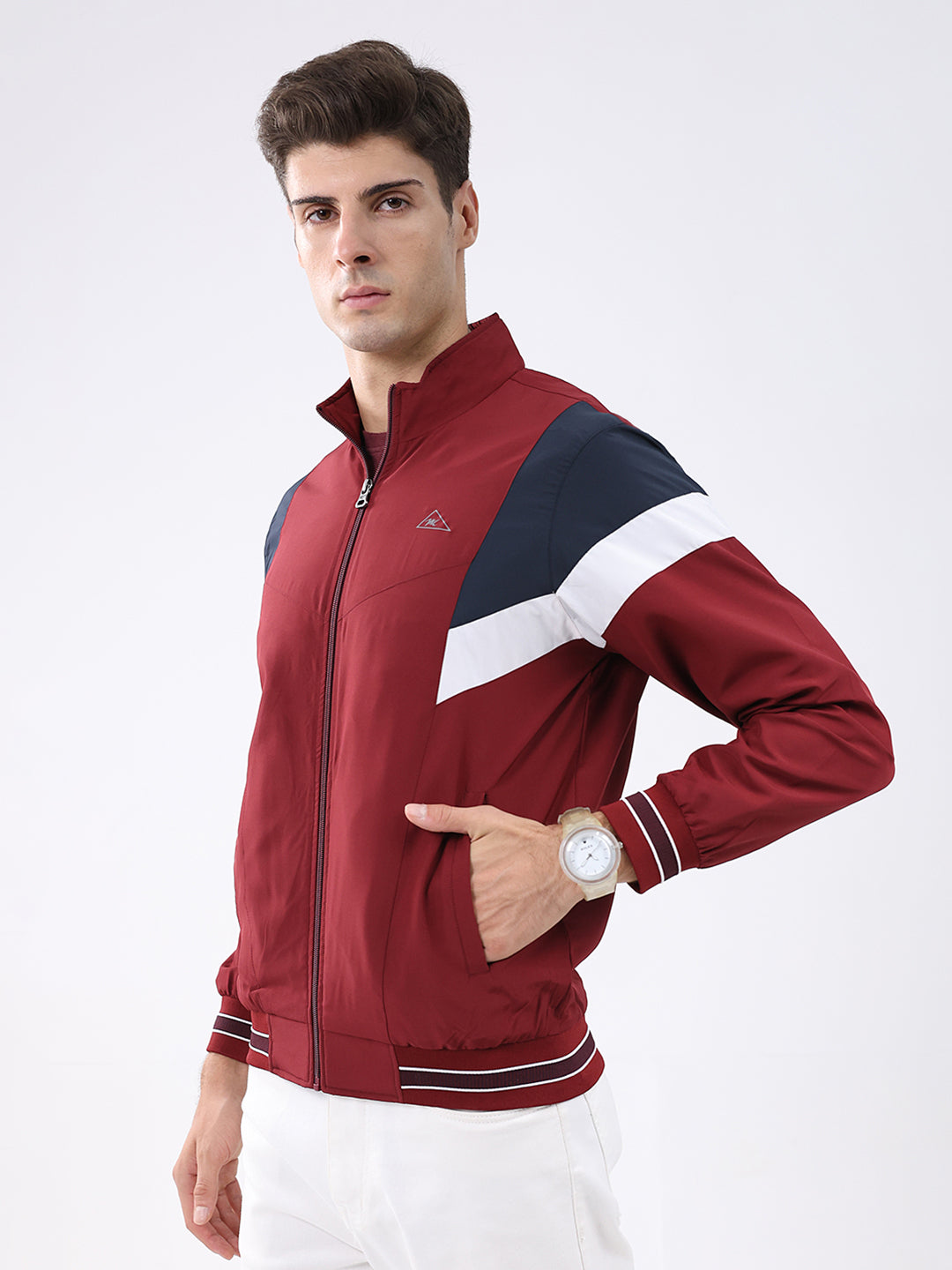 Men Maroon Self Design Stand Collar Full Sleeve Jacket