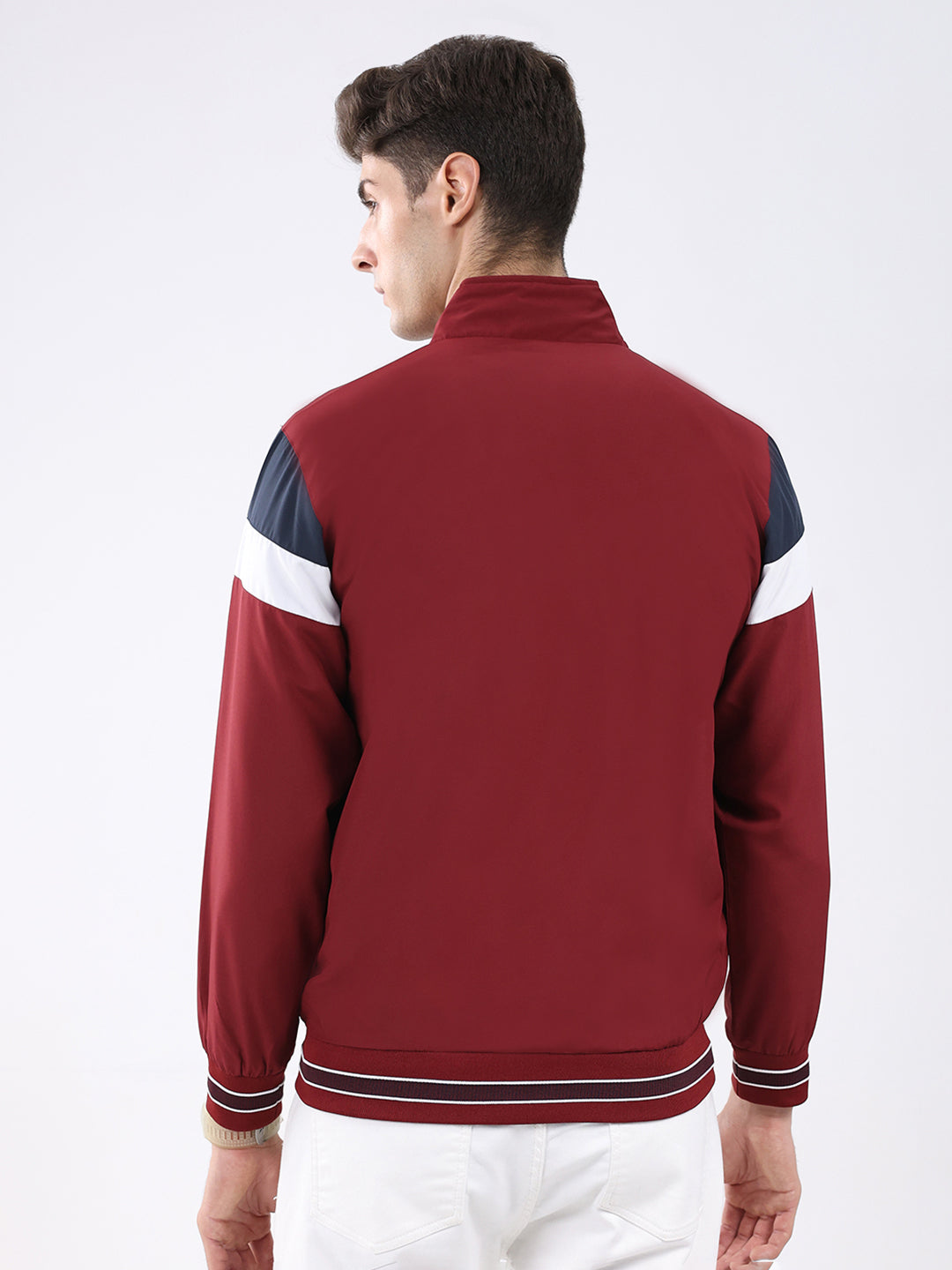 Men Maroon Self Design Stand Collar Full Sleeve Jacket