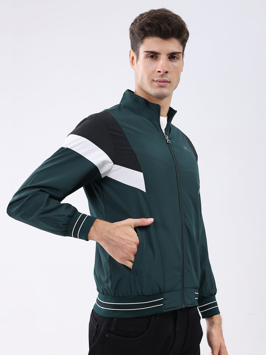 Men Green Self Design Stand Collar Full Sleeve Jacket