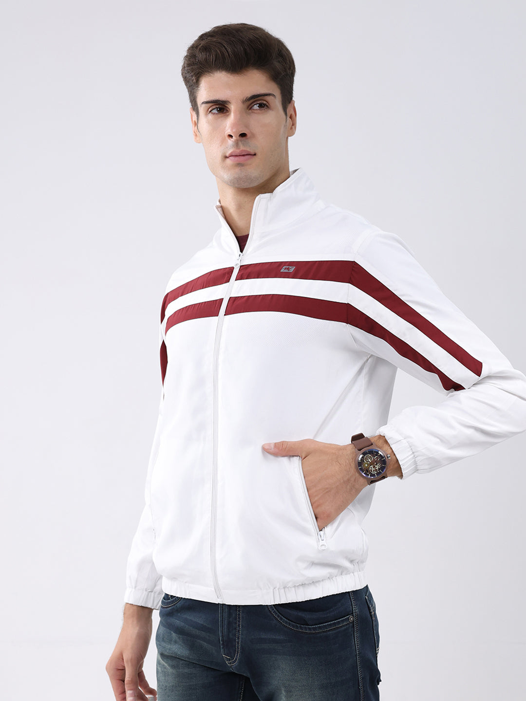 Men White Stripe Stand Collar Full Sleeve Jacket