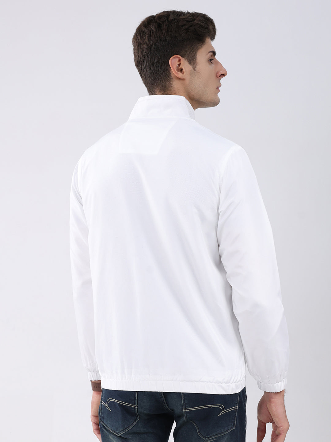 Men White Stripe Stand Collar Full Sleeve Jacket