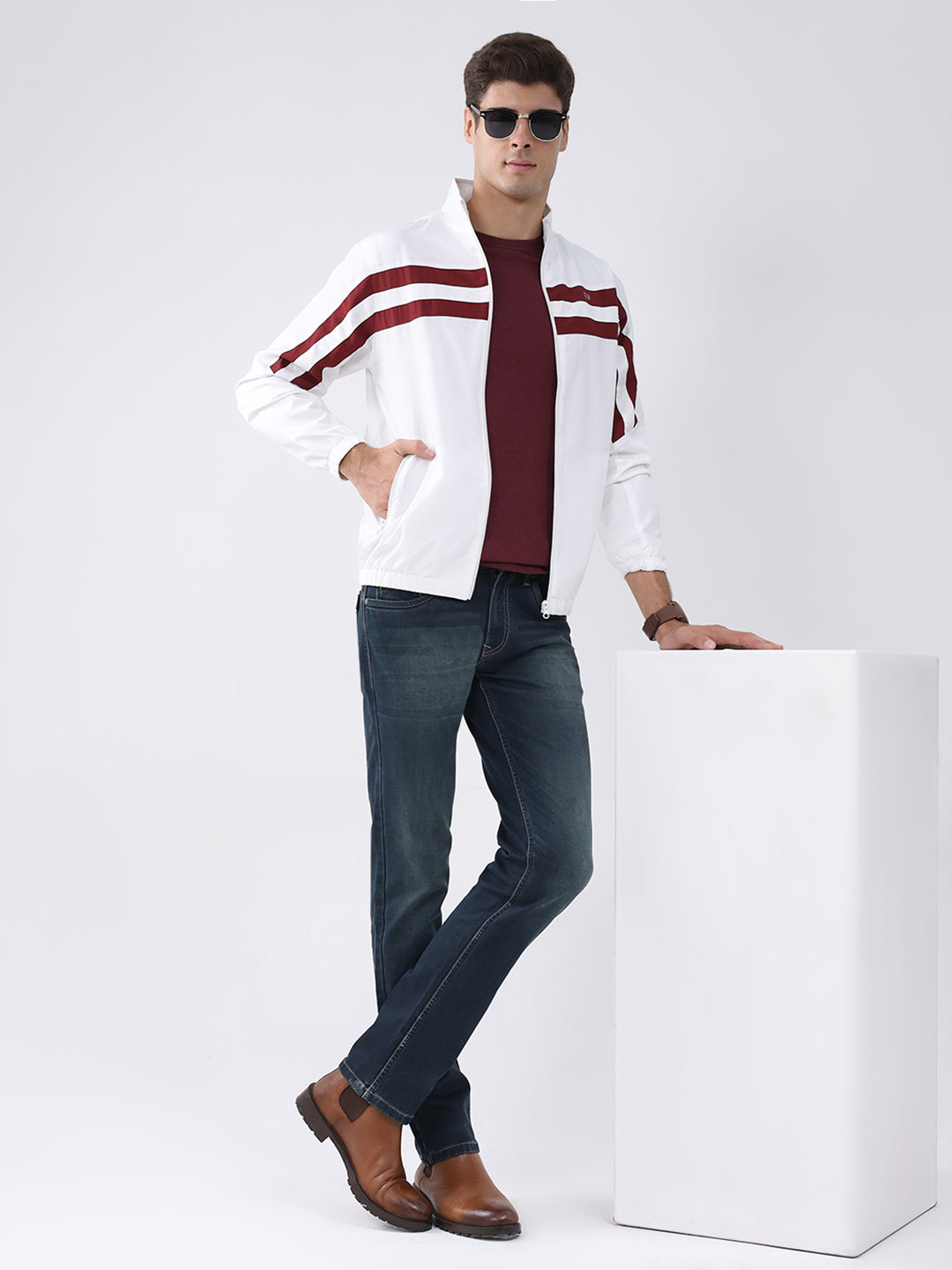 Men White Stripe Stand Collar Full Sleeve Jacket