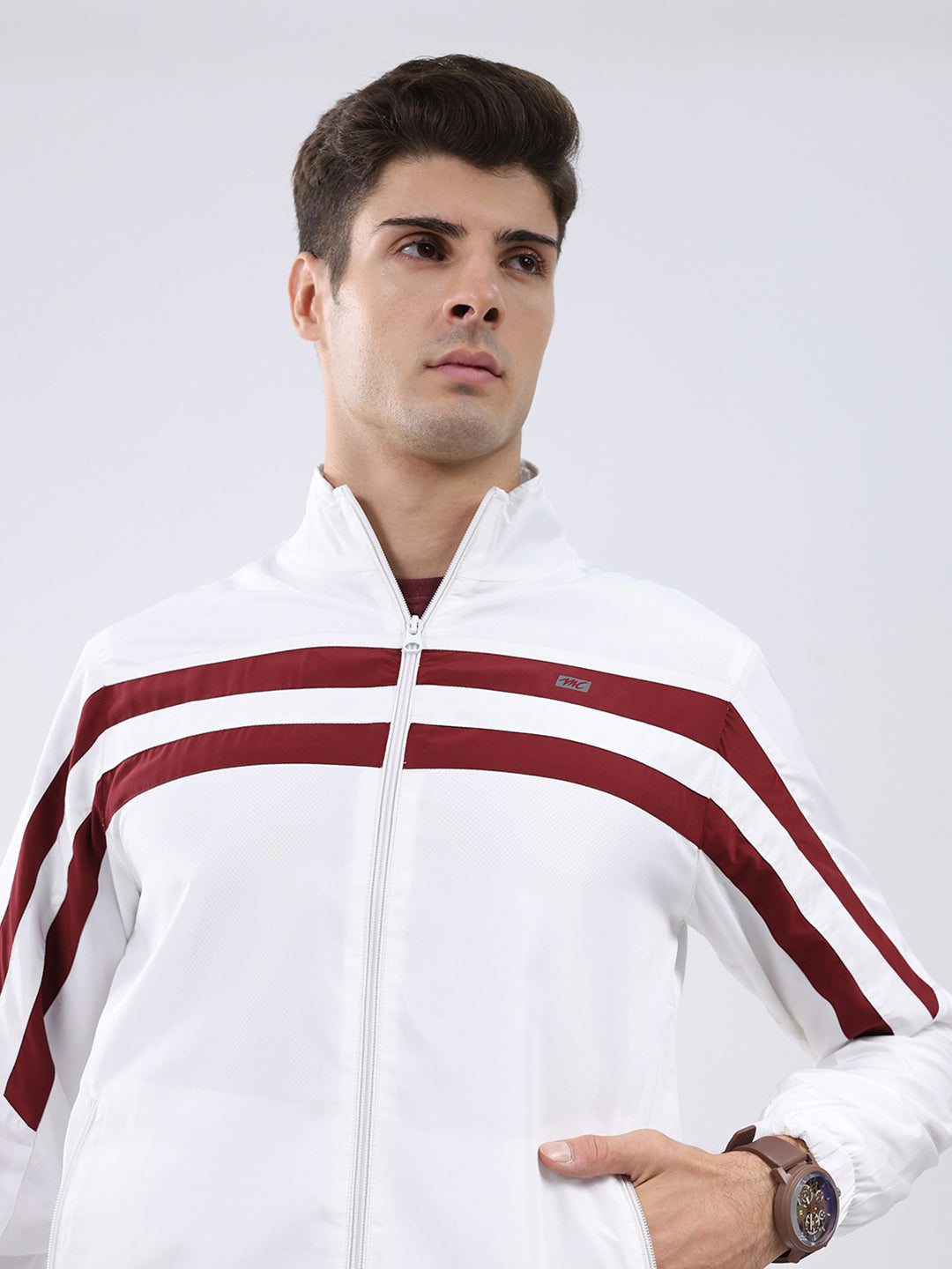 Men White Stripe Stand Collar Full Sleeve Jacket