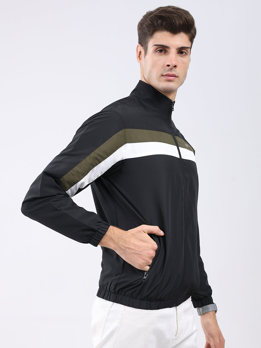 Men Black Stripe Stand Collar Full Sleeve Jacket