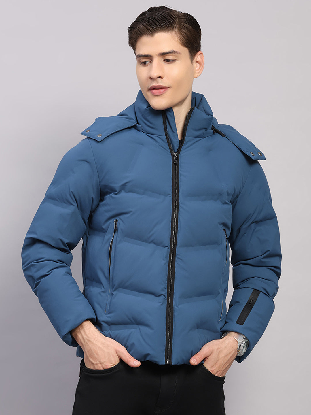 Luxuria Men Blue Solid Hooded Full Sleeve Jacket