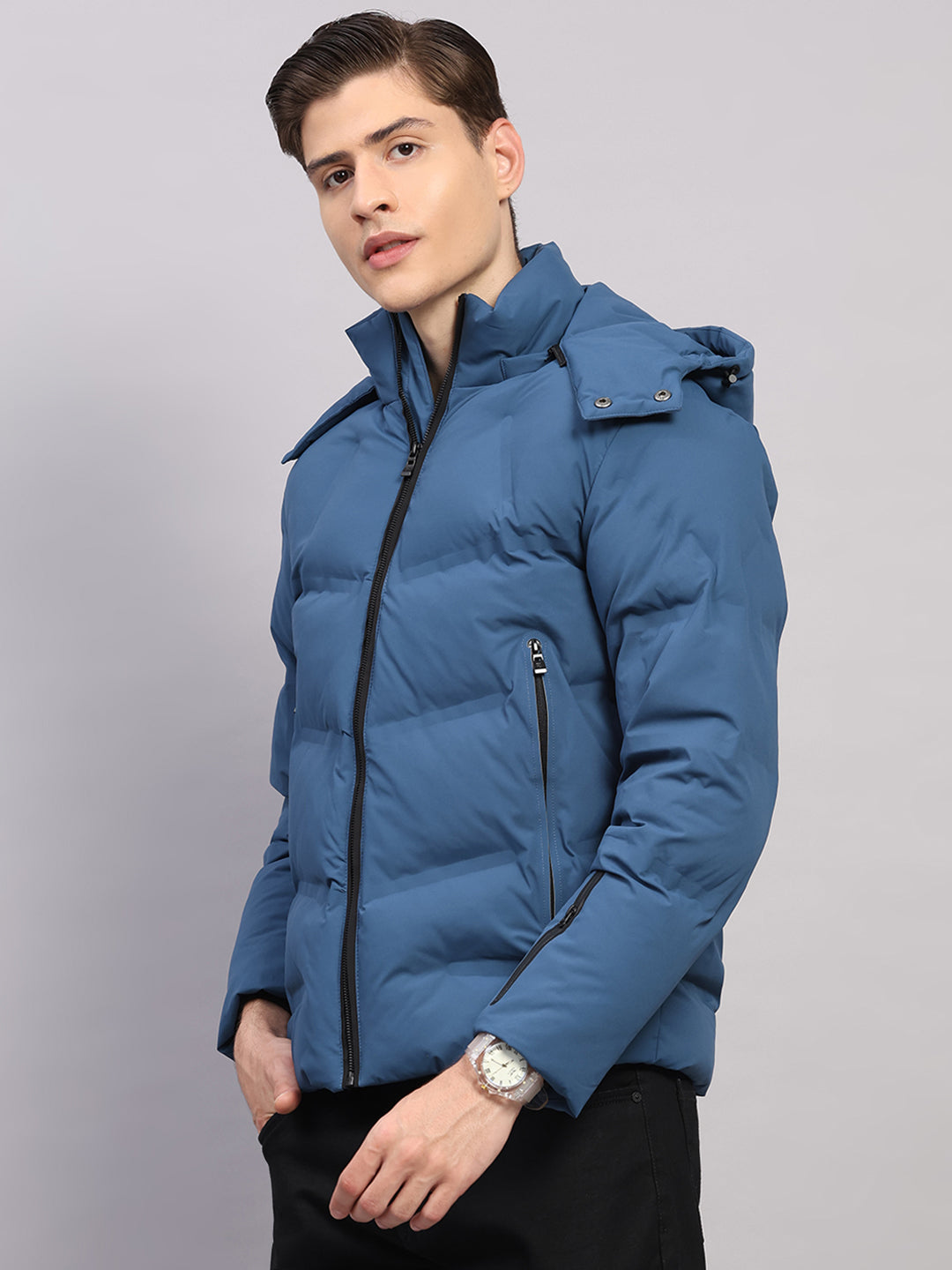 Luxuria Men Blue Solid Hooded Full Sleeve Jacket