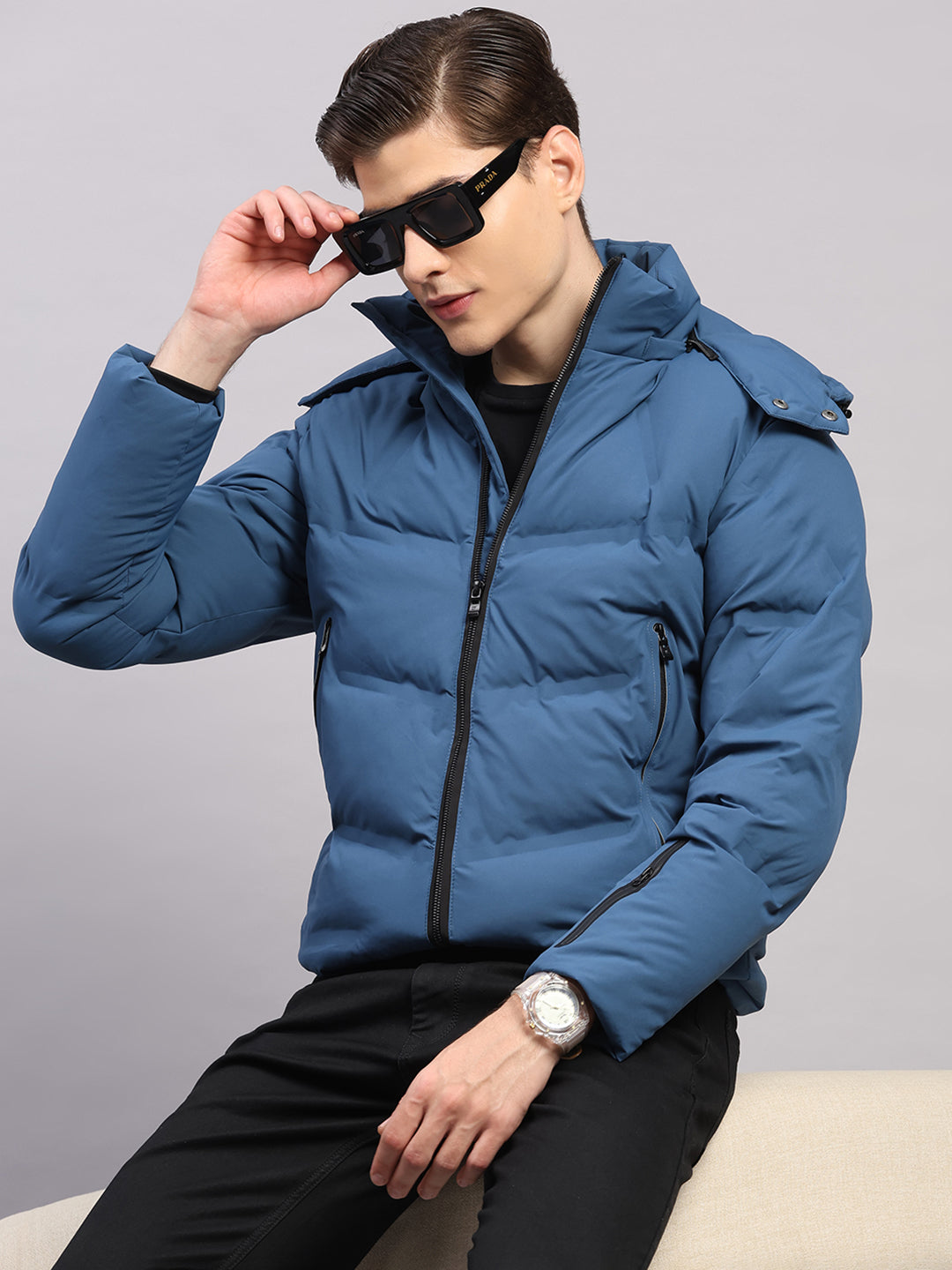 Luxuria Men Blue Solid Hooded Full Sleeve Jacket