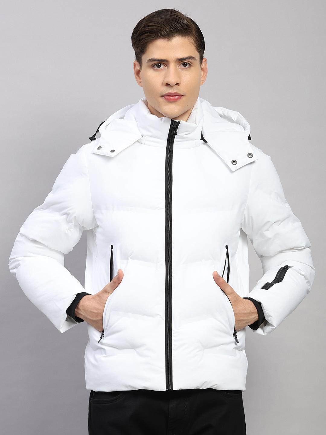 Luxuria Men White Solid Hooded Full Sleeve Jacket