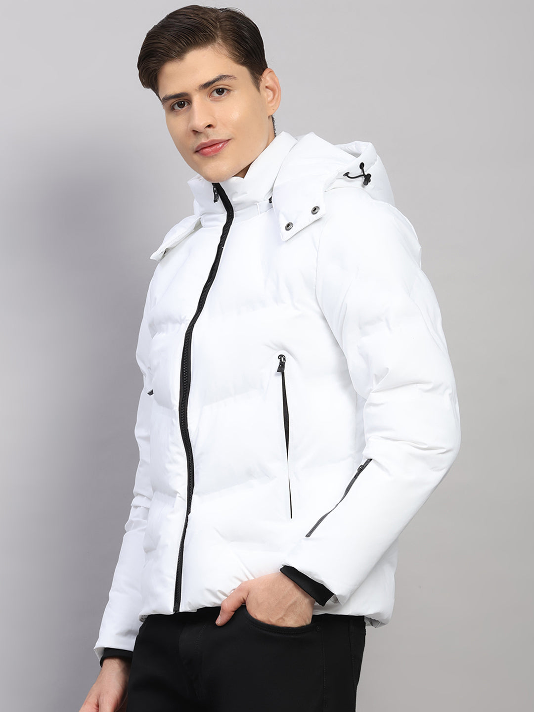 Luxuria Men White Solid Hooded Full Sleeve Jacket