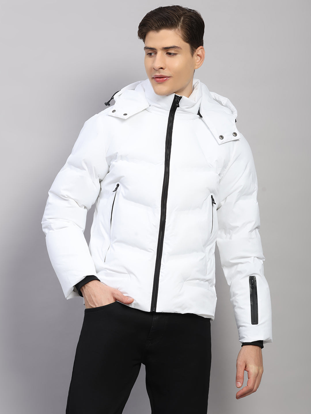 Luxuria Men White Solid Hooded Full Sleeve Jacket