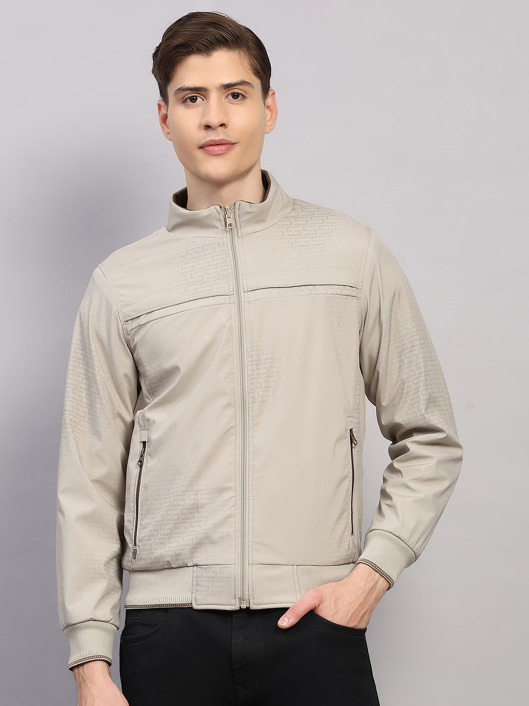 Luxuria Men Beige Solid Collar Full Sleeve Jacket
