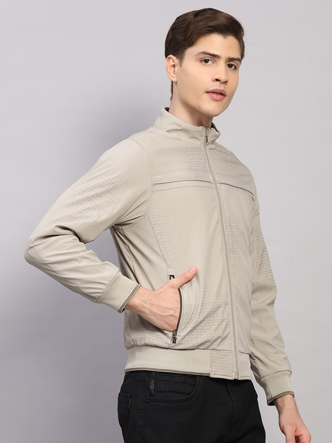 Luxuria Men Beige Solid Collar Full Sleeve Jacket