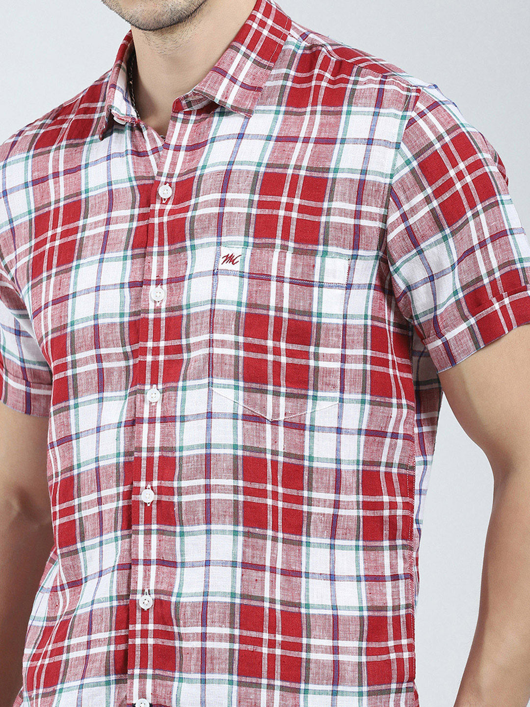 Men Red Check Collar Half Sleeve Linen Shirt