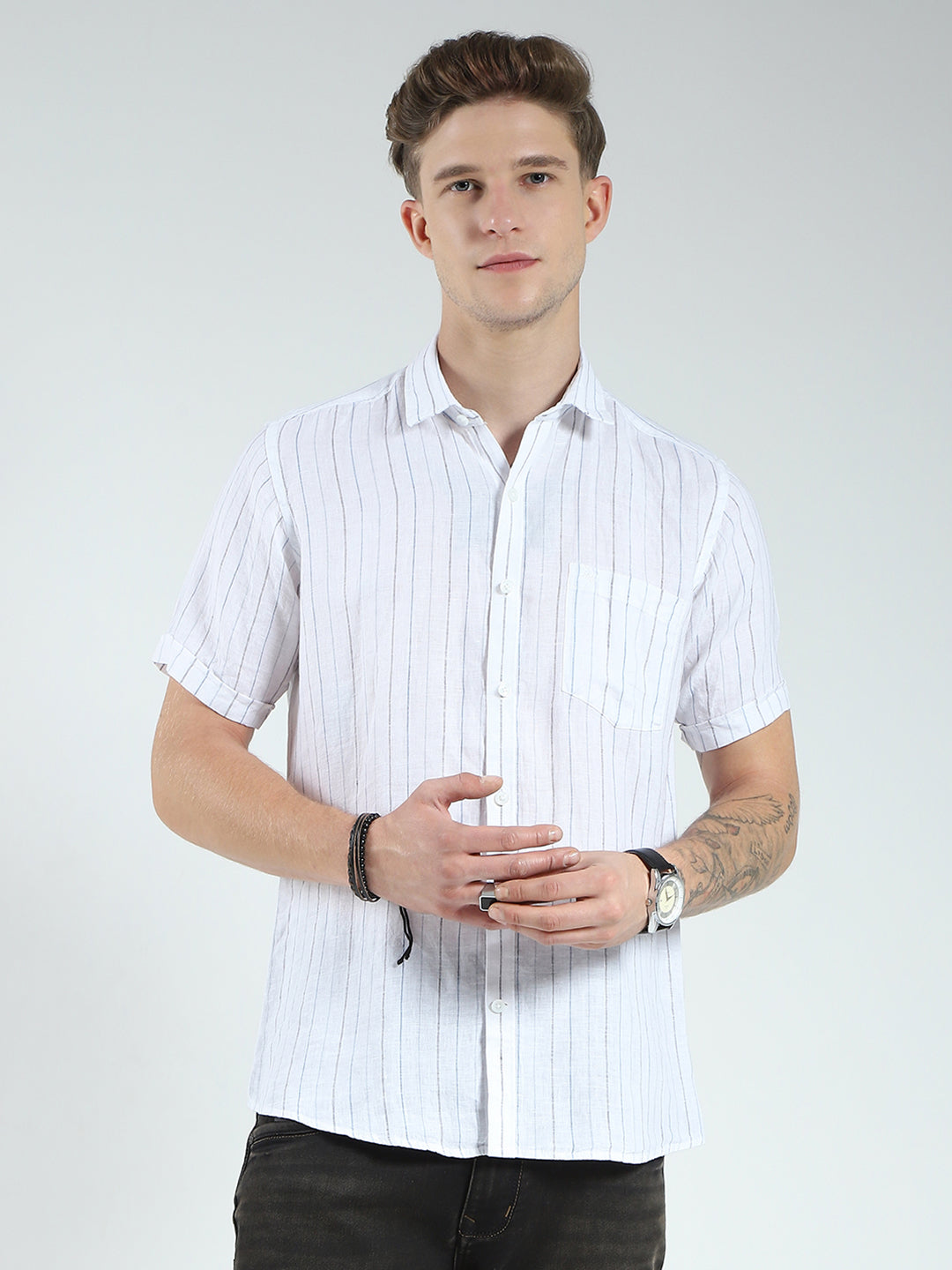 Men White Stripe Collar Half Sleeve Linen Shirt