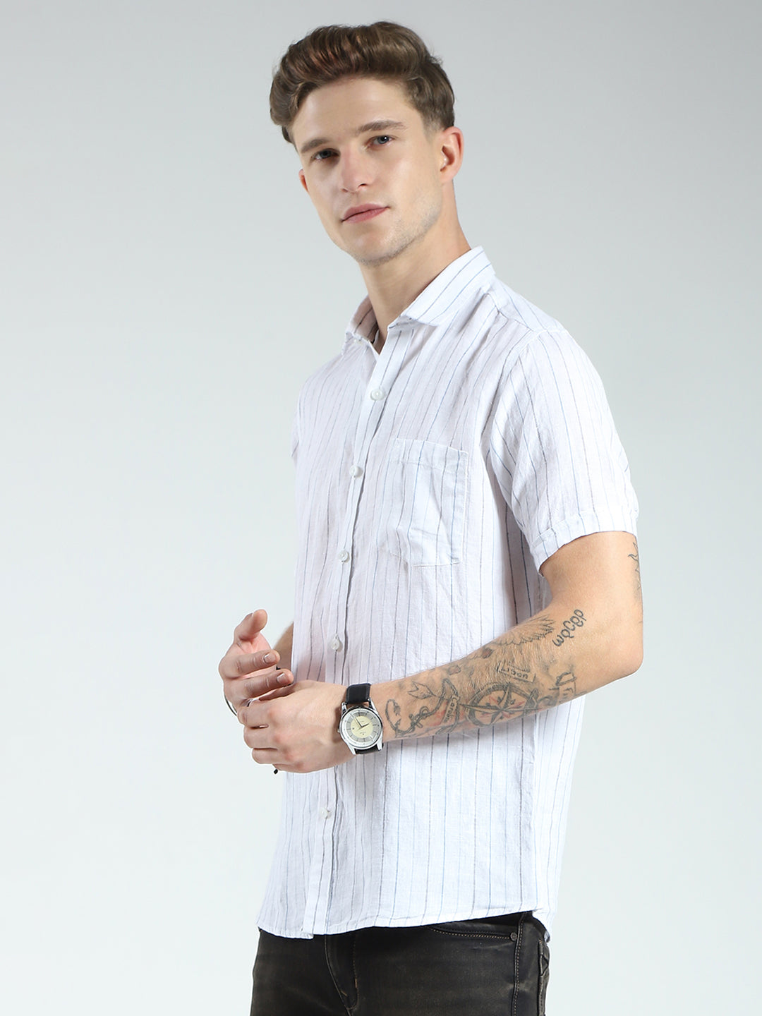 Men White Stripe Collar Half Sleeve Linen Shirt