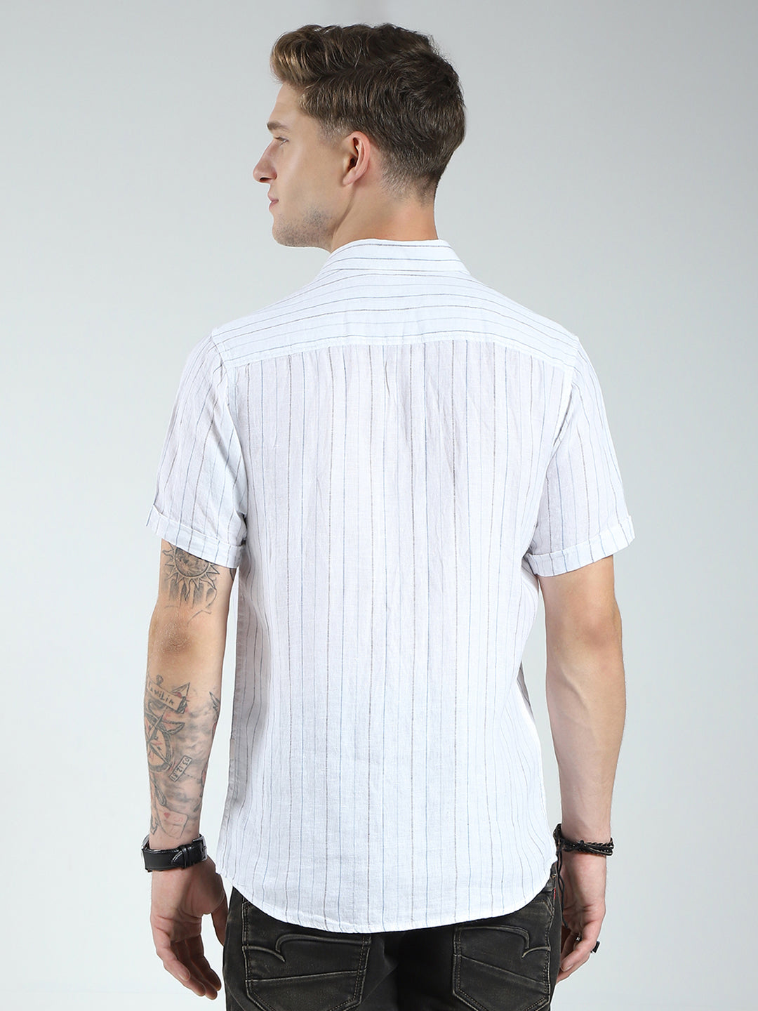 Men White Stripe Collar Half Sleeve Linen Shirt