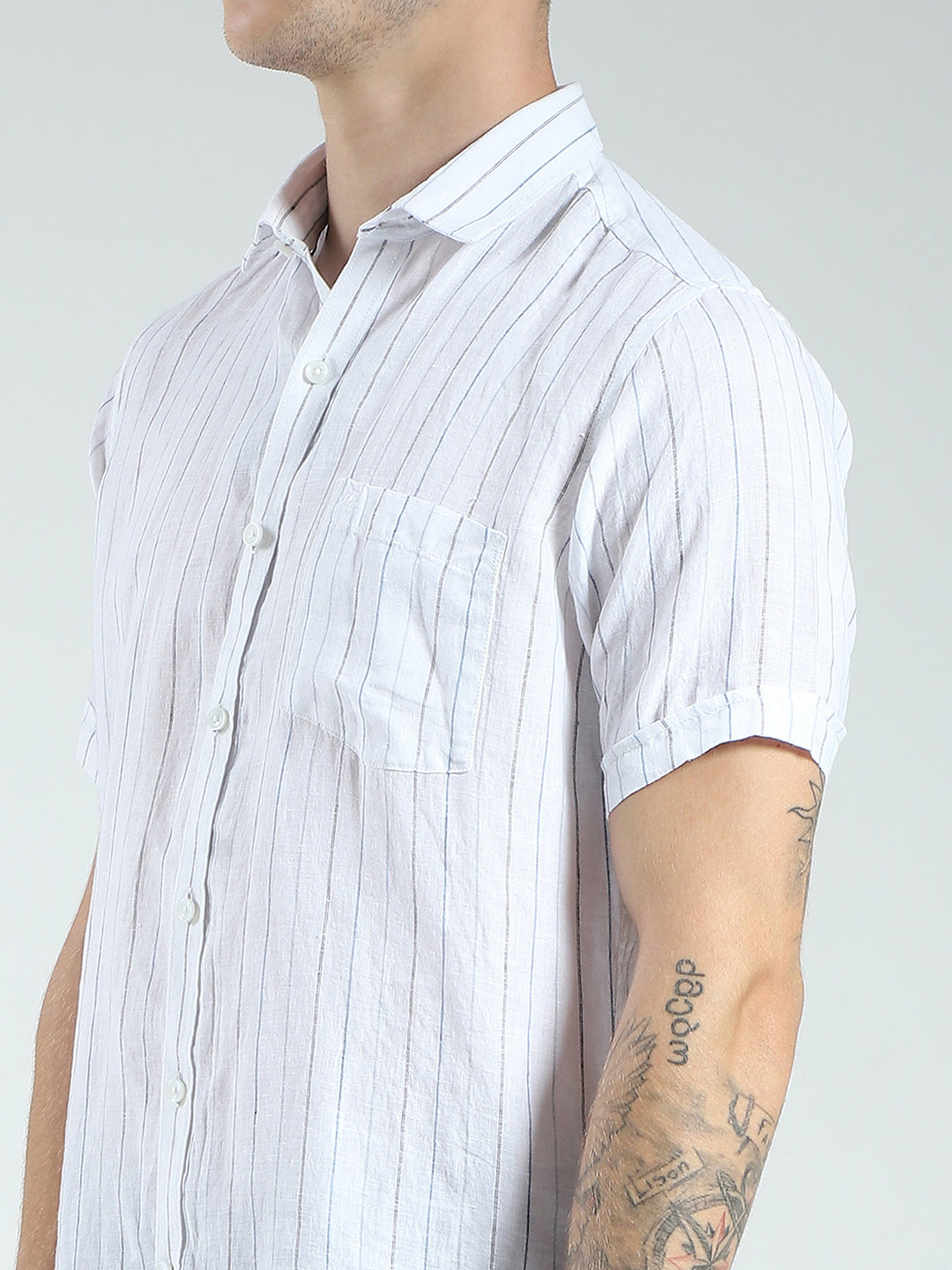 Men White Stripe Collar Half Sleeve Linen Shirt