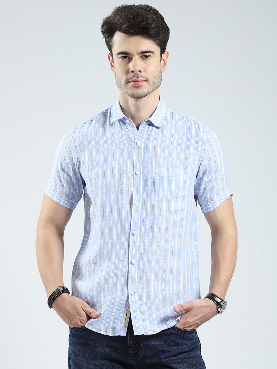 Men Blue Check Collar Half Sleeve Linen Shirt