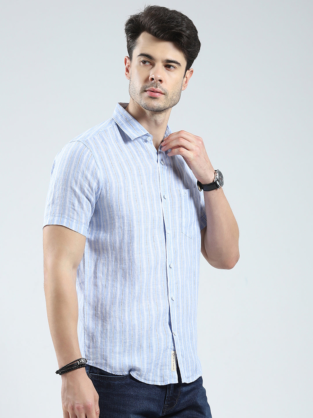 Men Blue Check Collar Half Sleeve Linen Shirt