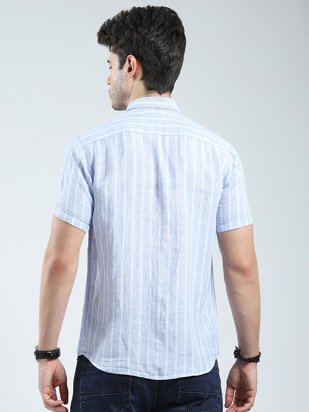 Men Blue Check Collar Half Sleeve Linen Shirt