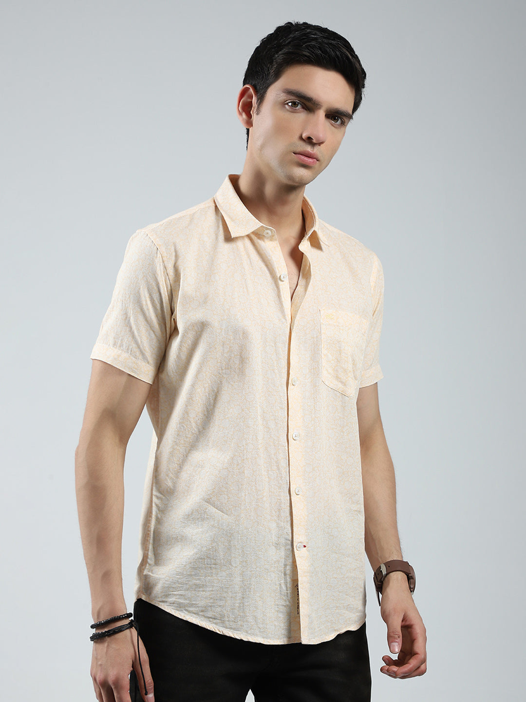 Men Beige Printed Collar Half Sleeve Linen Shirt