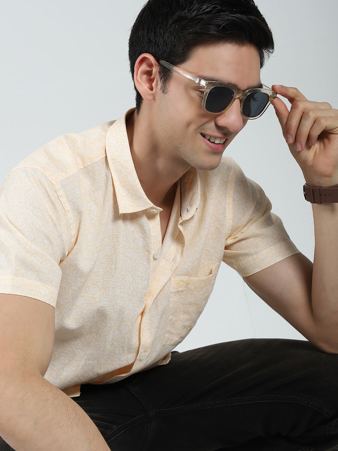 Men Beige Printed Collar Half Sleeve Linen Shirt