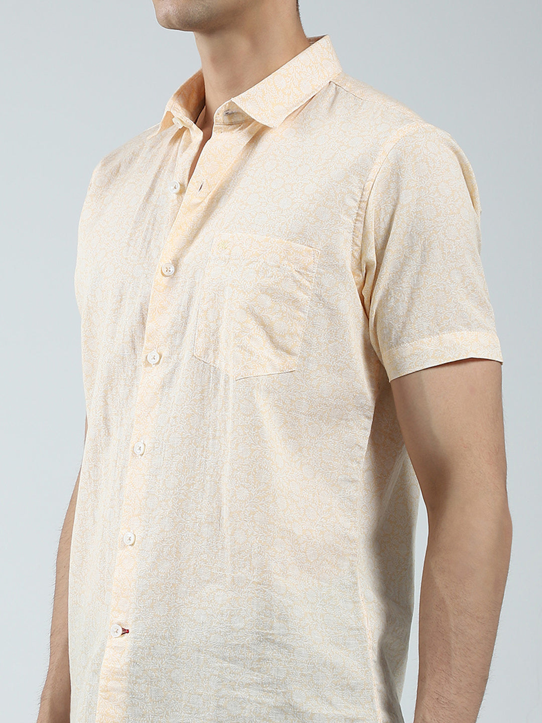Men Beige Printed Collar Half Sleeve Linen Shirt
