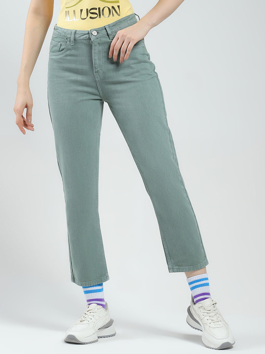 Women Green Solid Slim Fit Denim