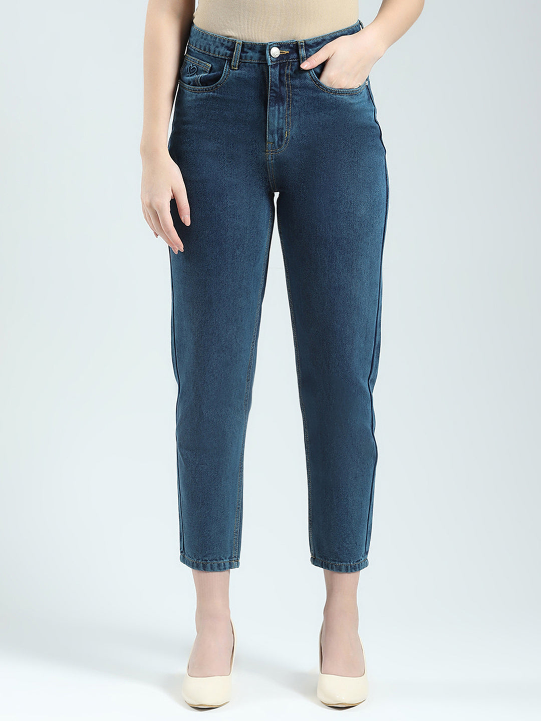 Women Blue Solid Regular Fit Denim