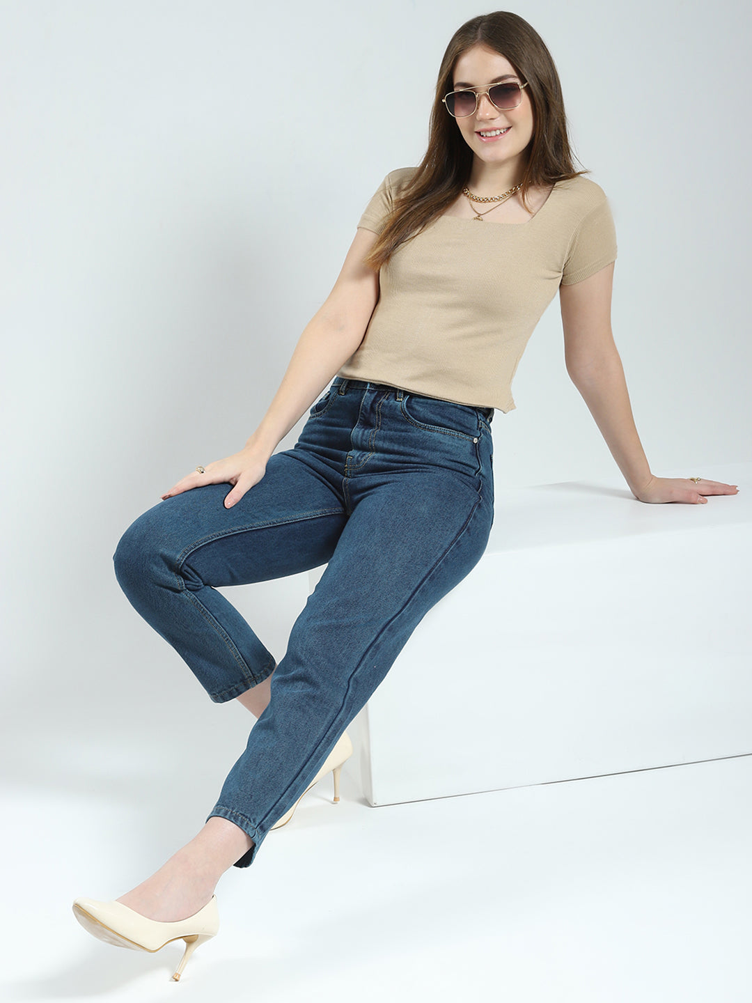 Women Blue Solid Regular Fit Denim