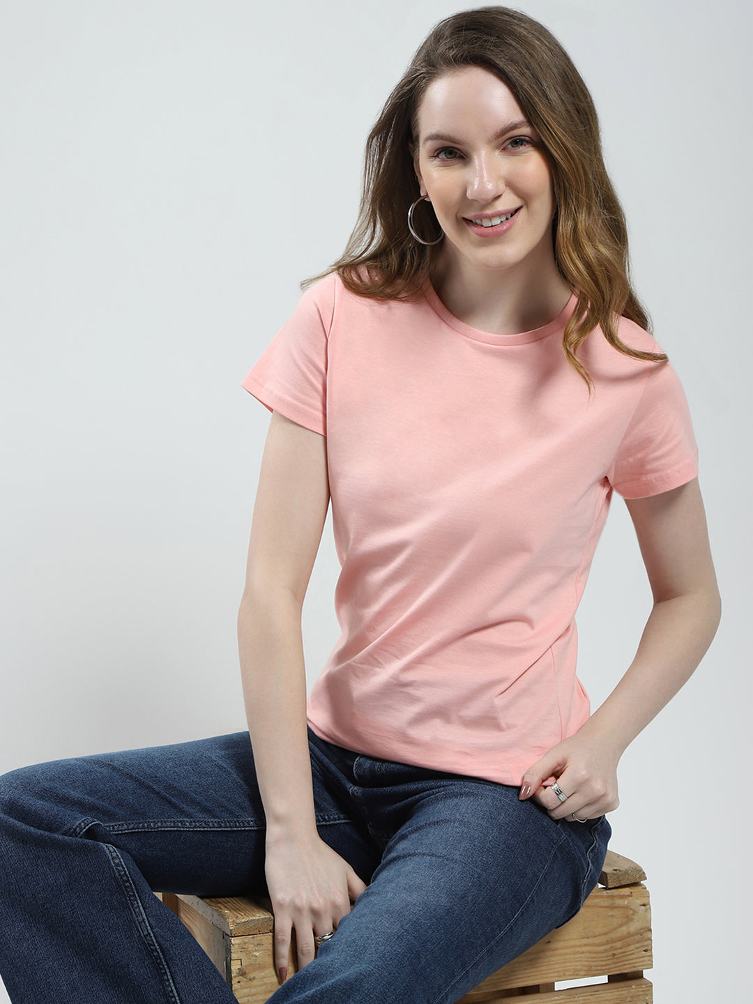 Women Peach & Blue Solid Round Neck Half Sleeve Top 2Pc Set